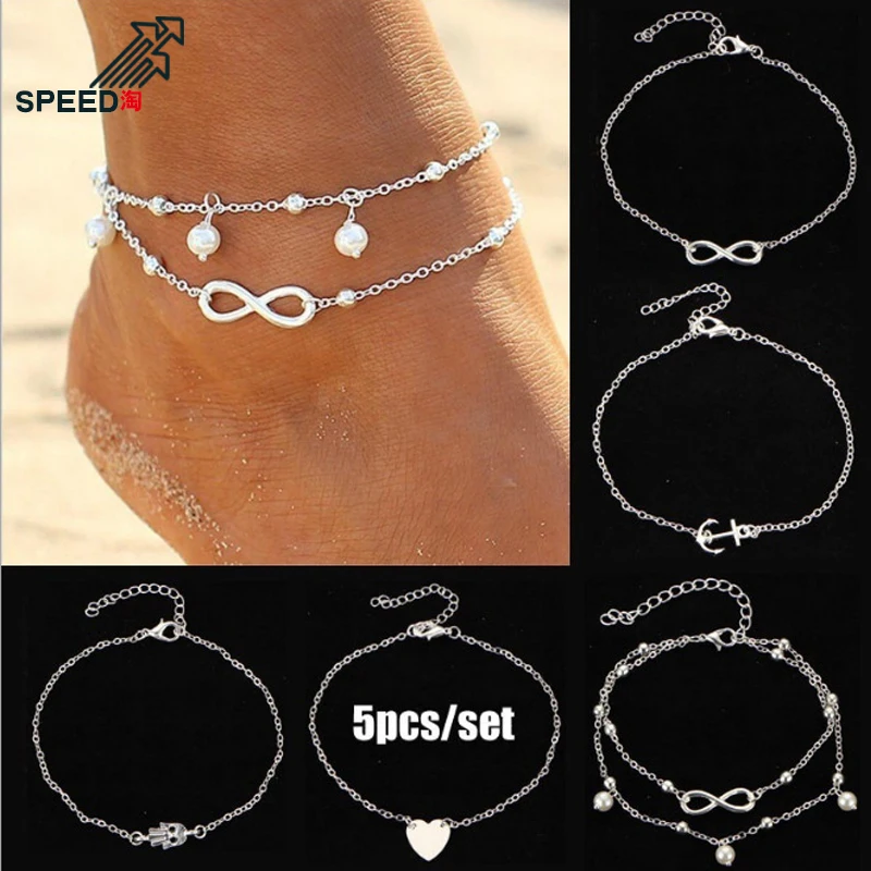

5-piece heart-shaped imitation pearl alloy anklet European and American ladies bracelet letter text Foot jewelry gold silver