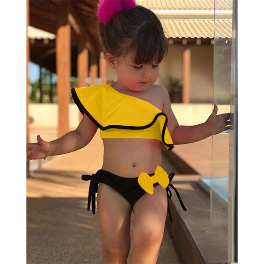 Oeak одежда для купания для маленьких девочек, Одноцветный купальный костюм с оборками и бантом, купальный костюм, купальный костюм, пляжная одежда - Цвет: Yellow 110 cm