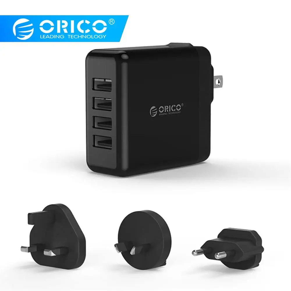 USB Travel Charger with Converter EU UK AU Plug, ORICO 4 Ports USB
