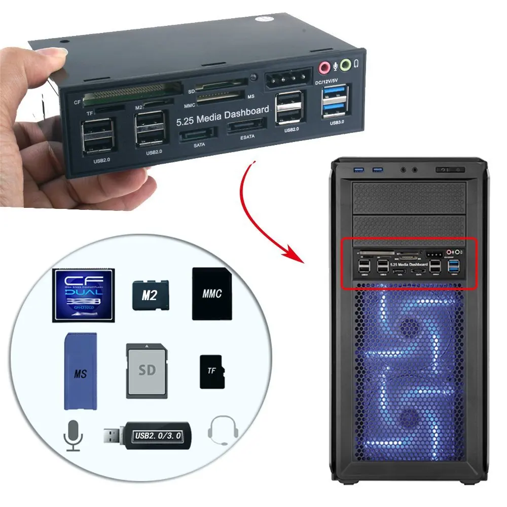 Передняя панель для ПК 5 25 дюйма аудиосистема с SATA eSATA 2 x USB 3 0 и 6 Hub SD TF MMC M2 CF MS