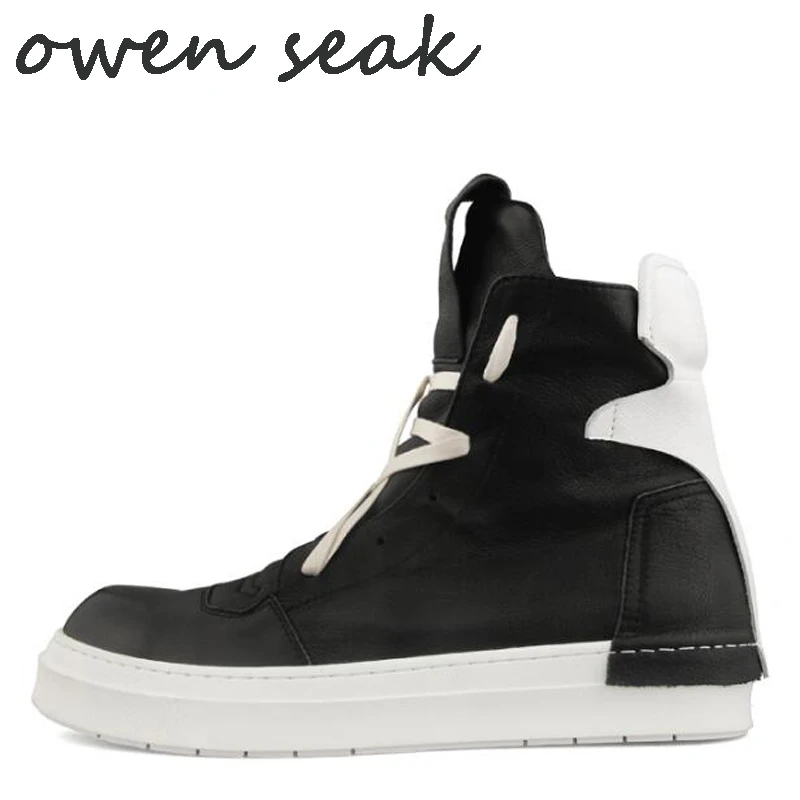 Negro azul Casuales blanco Alta Plana Blanco Botas Negro Superior Zapatillas Hombres Cordones Botines De Cuero Zapatos Genuino Lujo Con Seak Owen HRqtUx