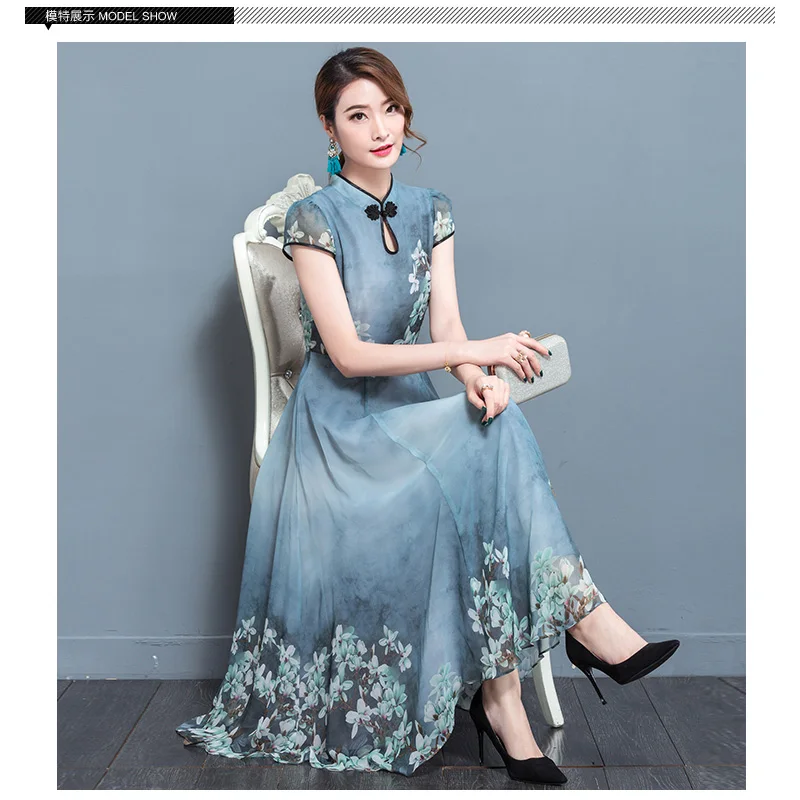 

Free Shipping S-3XL 2019 Summer New Arrival Flower Printed Woman Chiffon Long Dress AA-034