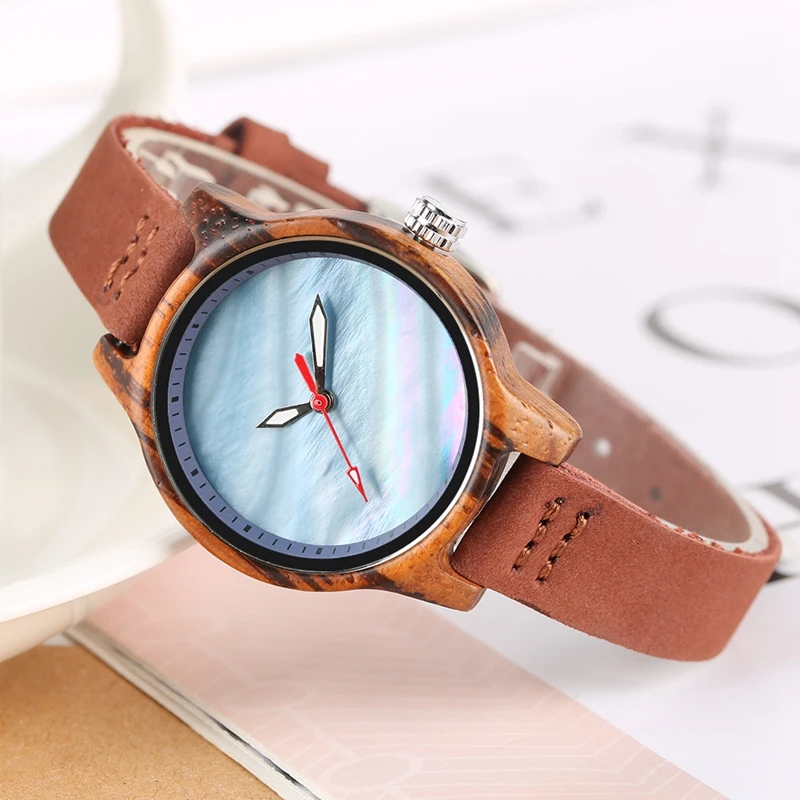Unique Women Watch Wood Luxury Coral Blue Chic Red Casual Quartz Wooden Clock For Women Genuine Leather Wrist Watch Reloj Mujer 2019 2020 2022 (21)