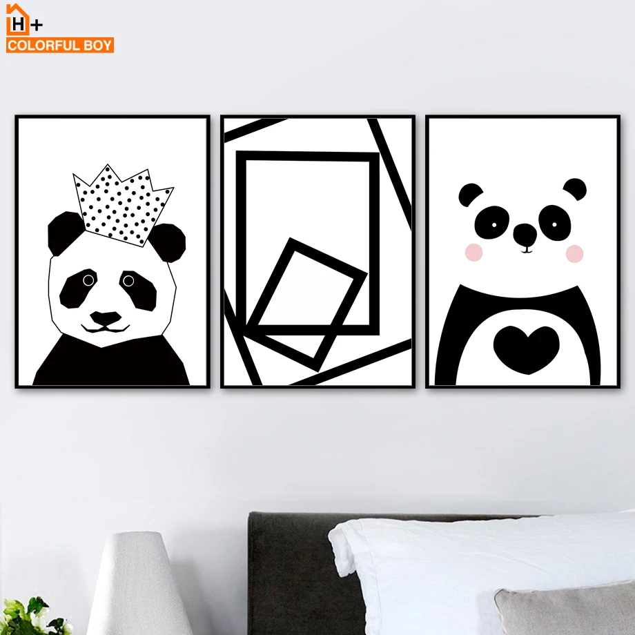 COLORFULBOY Crown Panda Wall Art Print Poster Hitam Putih Kanvas
