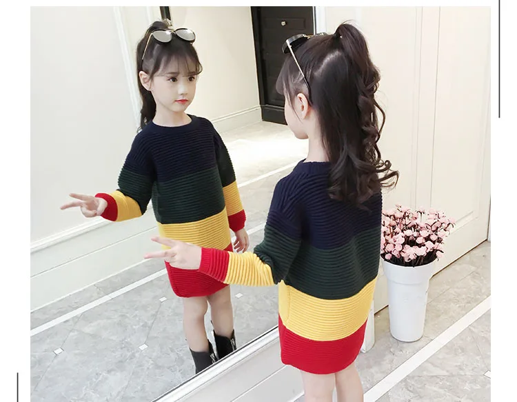 2018 autumn winter patchwork striped knit dresses for teenage girls sweater clothing kids fleece warm knitting dress clothes (1)