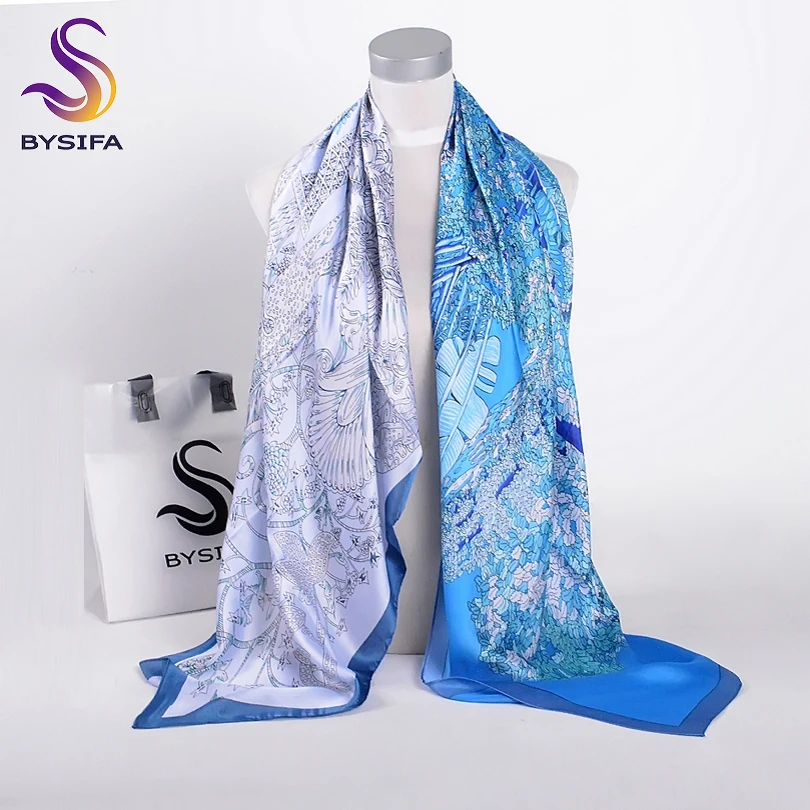 

[BYSIFA] Women Grey Blue Satin Silk Scarf Kerchief 130*130cm Luxury Brand Head Scarf Top Grade Ladies Large Square Scarves Shawl