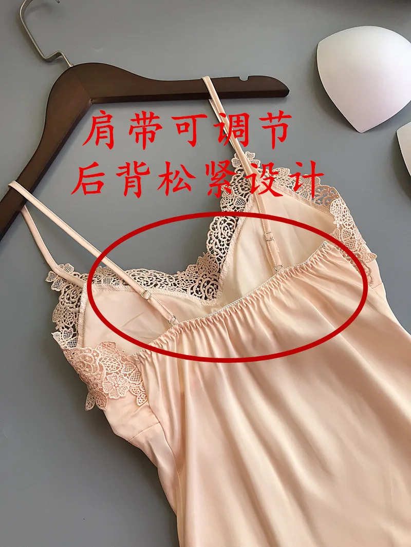 Embroidery Laced Woman Silky Smooth Slips with Pads Negligee Camisole Women Full Slips Nightgown Dress Sexy Lingerie