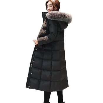 

2018 New Arrival Women Winter Coat Fur Collar White Duck Down Jackets Solid Hooded Long Outerwear Female Warm Down Coat