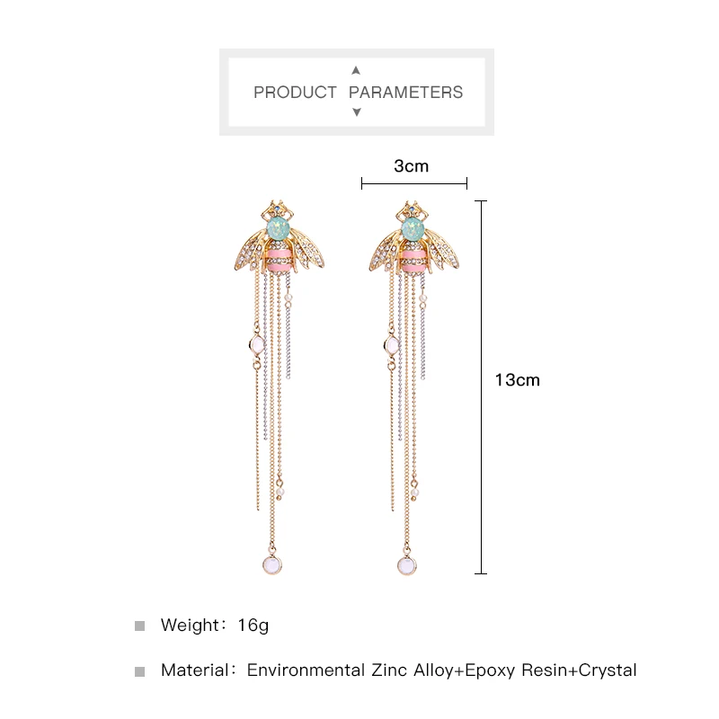 Бренд Kiss Me, ювелирное изделие для женщин, цепочка, бахрома, длинные серьги, милый Кристалл, насекомое, пчела, модные серьги, Brincos
