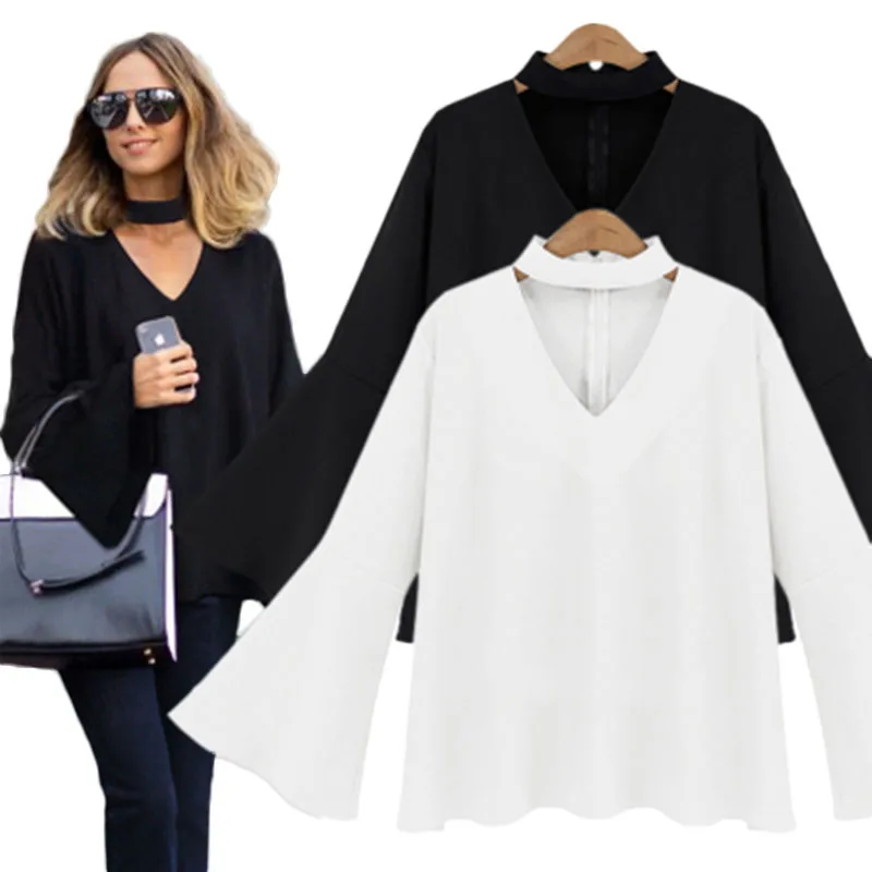 

2019 autumn Women Chiffon Blouse Tops Loose Choker V-neck Flare Sleeve Office Shirts Women Plus Size 5xl Blusas Y Camisas Mujer