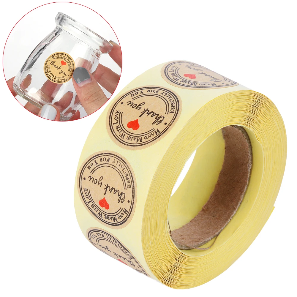 

500Pcs/Lot 1 Inch Round Kraft Paper Thank You Hand Made With Love With Red Heart Stickers Paper Stationery School Supply
