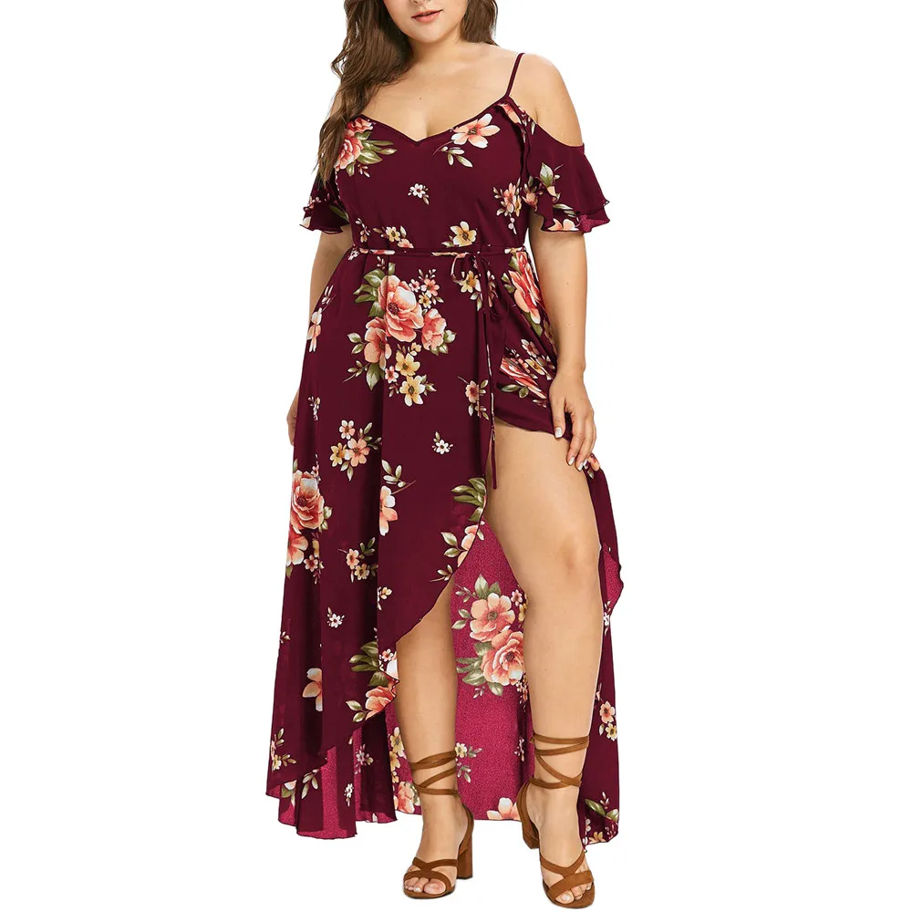 

Sexy Bohemian Dress For Women Plus Size Fashion Ruffles Long Dresses Boho Floral Print High Waist Bandage Sashes Straps Vestidos