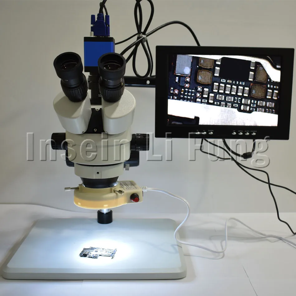 Full HD 2.0MP VGA промышленная камера + большой размер база Тринокулярный стереомикроскоп 3.5X-90X непрерывное Масштабирование + светодиодный