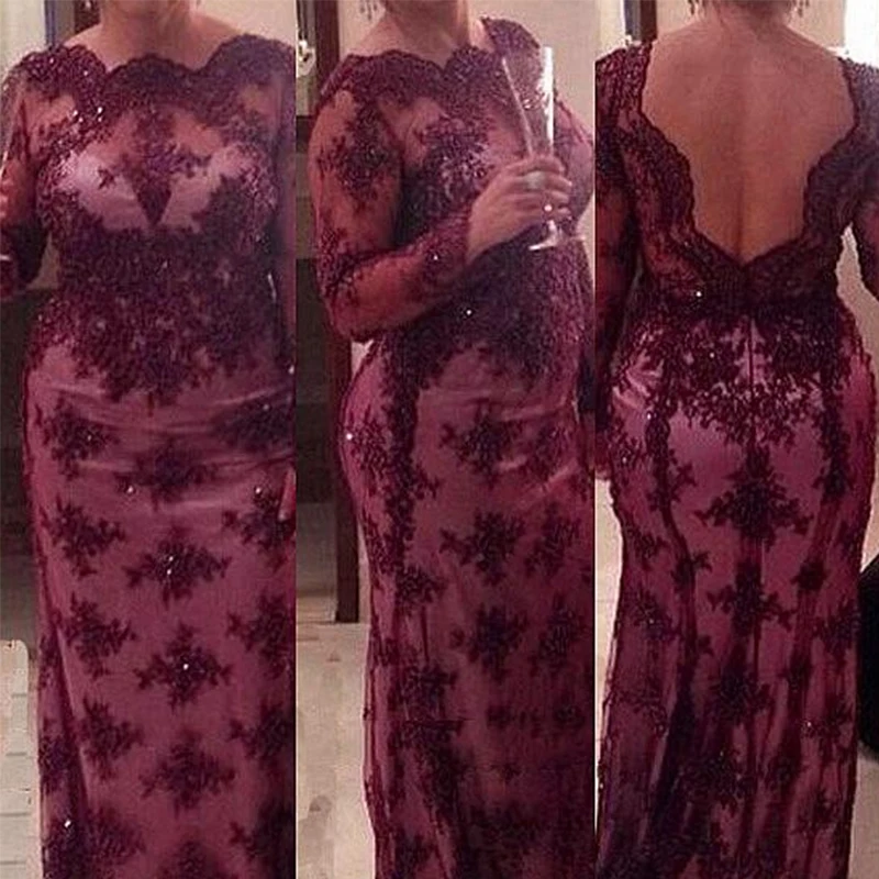 

Mermaid / Trumpet Jewel Neck Floor Length Lace Mother of the Bride Dress with Appliques Illusion Long Sleeves & Backless