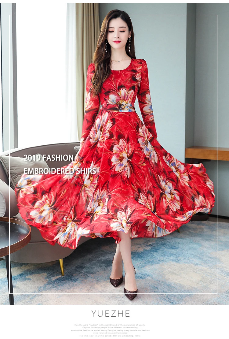 Винтажные красные макси платья с длинным рукавом осень зима 3XL плюс размер цветочный шифон платье элегантный женский Bodycon Вечерние платья