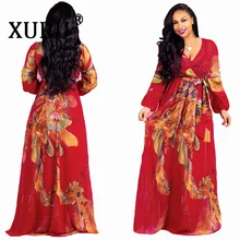 XURU 2019 Women Chiffon Printed Dress Full Sleeve V-Neck Belted Loose Dresses Casual Beach Long Dress Soft Maxi Robe S-5XL XURU 2019 Women Chiffon Printed Dress Full Sleeve V-Neck Belted Loose Dresses Casual Beach Long Dress Soft Maxi Robe S-5XL