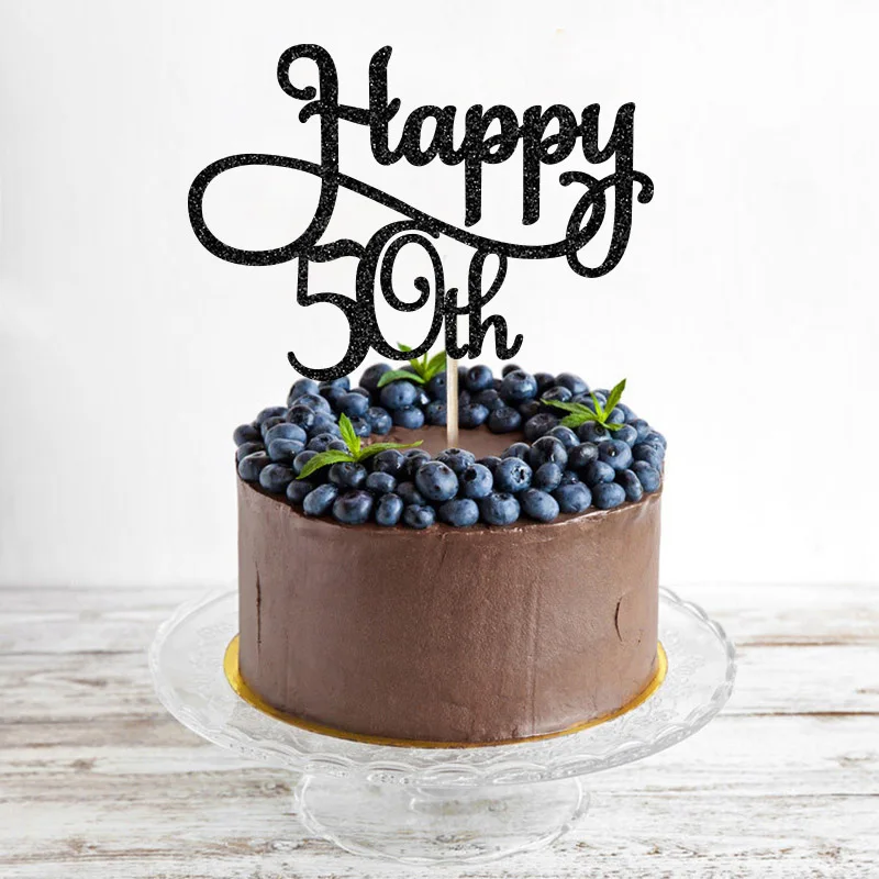 Золотой/Серебряный/черный блестящий счастливый 50-ый Топпер для торта, украшение на день рождения, аксессуары для торта - Цвет: Black Glitter NO1