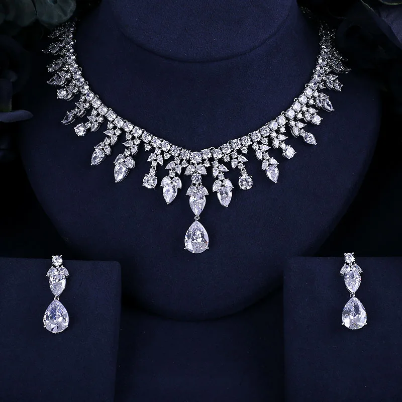 

4 color selection TOP QUALITY BRILLIANT CRYSTAL ZIRCON EARRINGS AND NECKLACE BRIDAL JEWELRY SET WEDDING DRESS ACCESSARIES