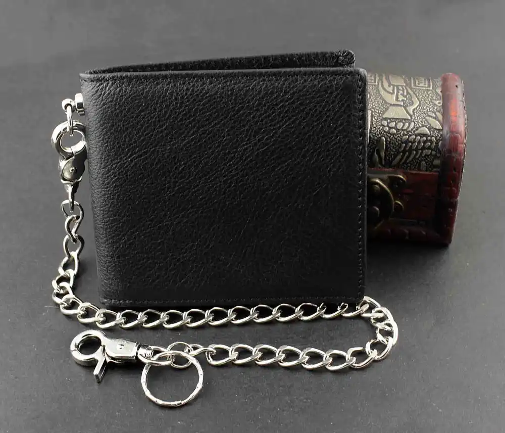 Men/'s biker/'s pocket sized natural genuine leather wallet with metal chain