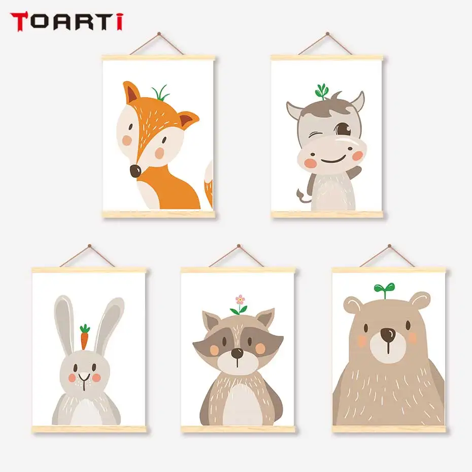 

Cartoons Animals With Flowers Plants Scroll Art Cute Fox Rabbit Bear Prints Posters Modern Canvas Painting Kids Room Home Decor