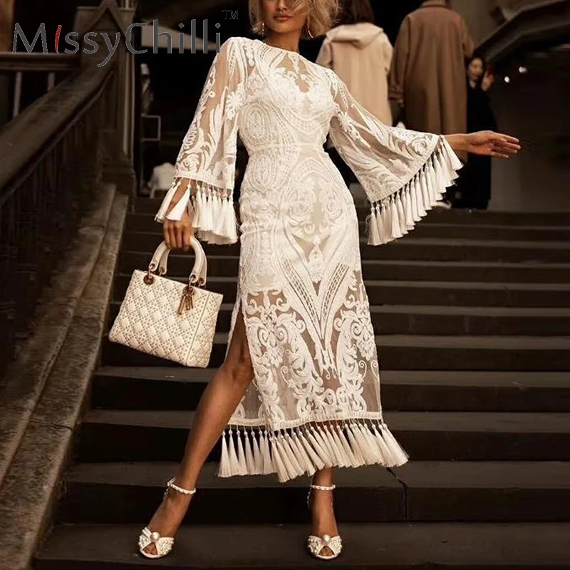 

MissyChilli Embroidery white tassel midi dress Women summer bodycon dress vintage Female transparent flare sleeve elegant dress