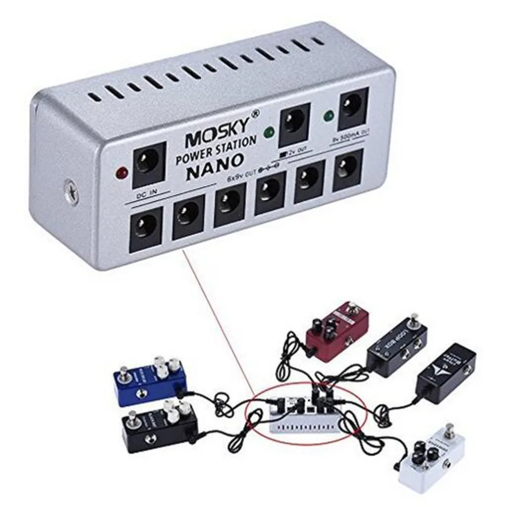 

High Quality MOSKY Mini Guitar Effects Power Supply 8 Isolated DC Outputs 7 * 9V/ 1 * 12V with Cables Power Adapter US Plug new