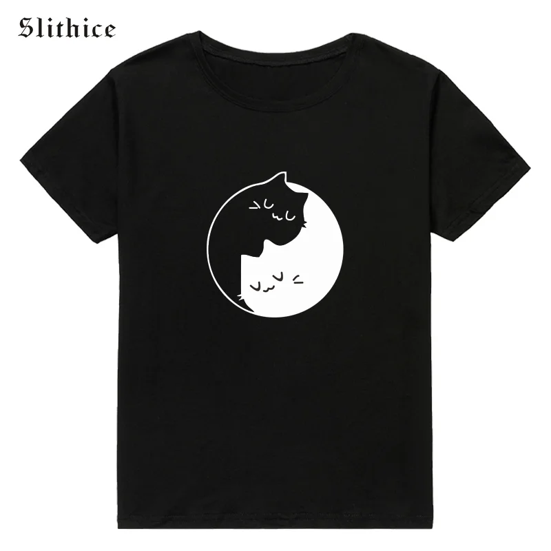 Женская футболка с коротким рукавом Slithice черно белая рисунком кошки уличная