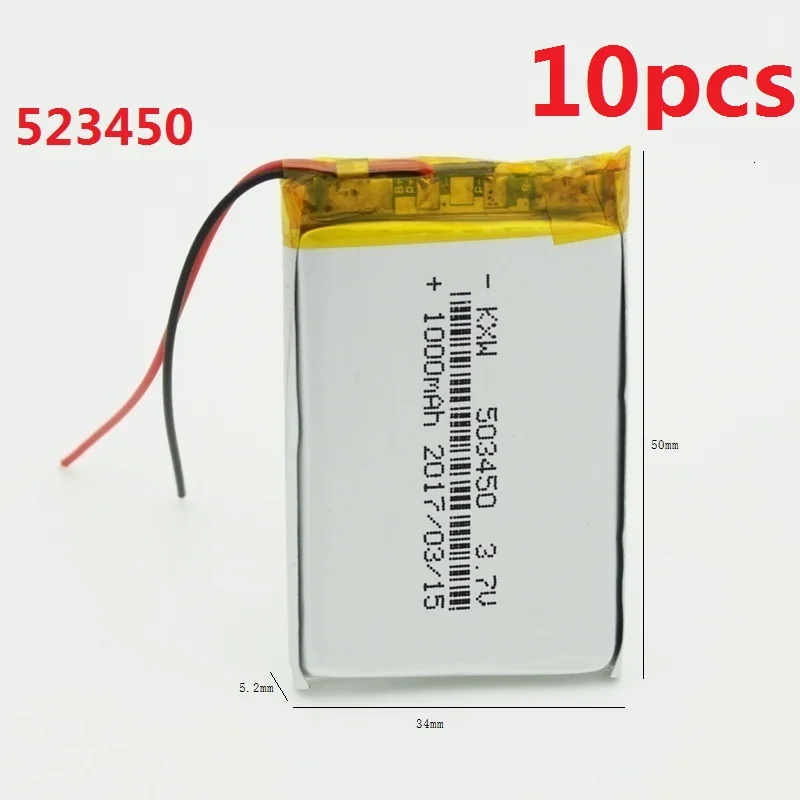 

10Pcs 1000mAh 523450 Battery 503450 Li-po Rechargeable Batteries 3.7V for GPS MP4 Cell Phone Speaker DVR A-CLASS MP3 Wholesale