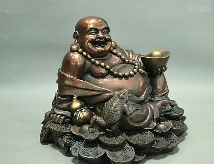 

free 8" China Buddhism Pure Red Bronze Wealth Coin Toad Happy Maitreya Buddha Statue fast