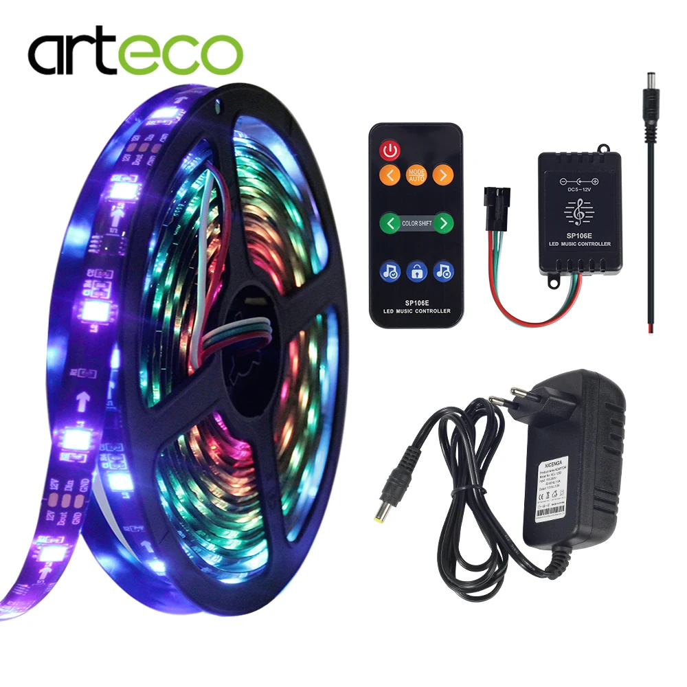 

1set WS2811 WS2811B RGB LED Strip 5M/roll 30leds/m 60leds/m IP30 / IP65 Waterproof led strip + Music LED controller+3A/5A Adpter