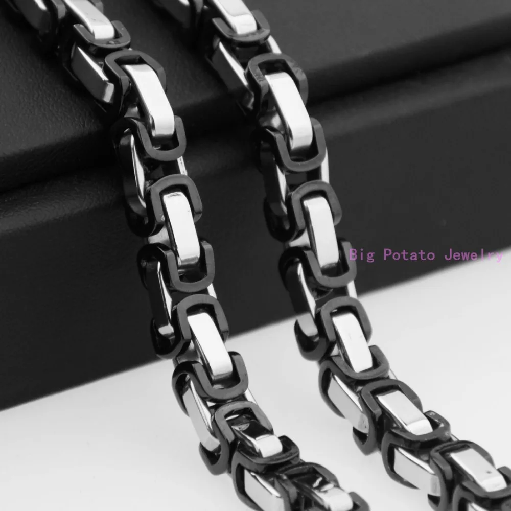 

8mm Wide 7-40inch Custom Sizes Silver Black Byzantine Box Chain 316L Stainless Steel Bracelet/Necklace Handsome Men Jewelry