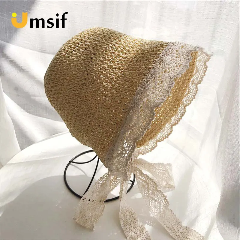 

2019 New Girls Summer Big Wide Brim Straw Hat With Lace Children Casual Solid Color Travel Beach Sun Hat Floppy Caps Panama Hats