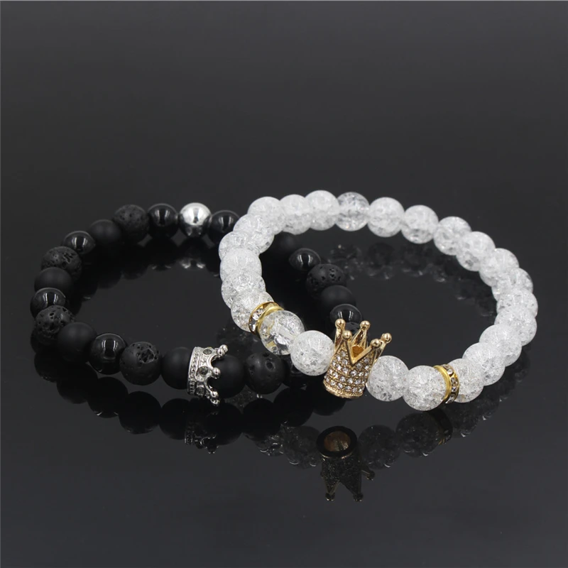 New 2Pc/Sets Natural 8/6mm Stone Beads Couple Bracelets for Women Micro Pave CZ Crown Charms Bracelet Men Jewelry Pulseras Mujer