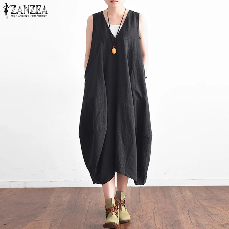 ZANZEA летнее элегантное женское хлопковое льняное длинное платье с v-образным вырезом без рукавов однотонное Повседневное платье на шнуровке с открытой спиной размера плюс