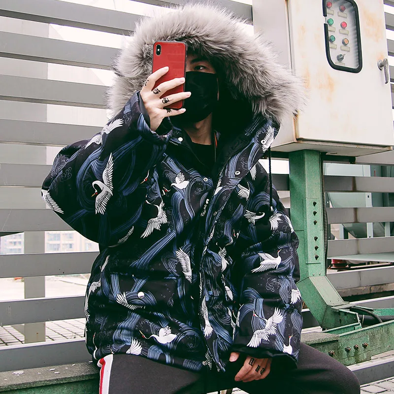 Winter jacket Men Japanese Cranes Printing Hooded Thickening Parka Male