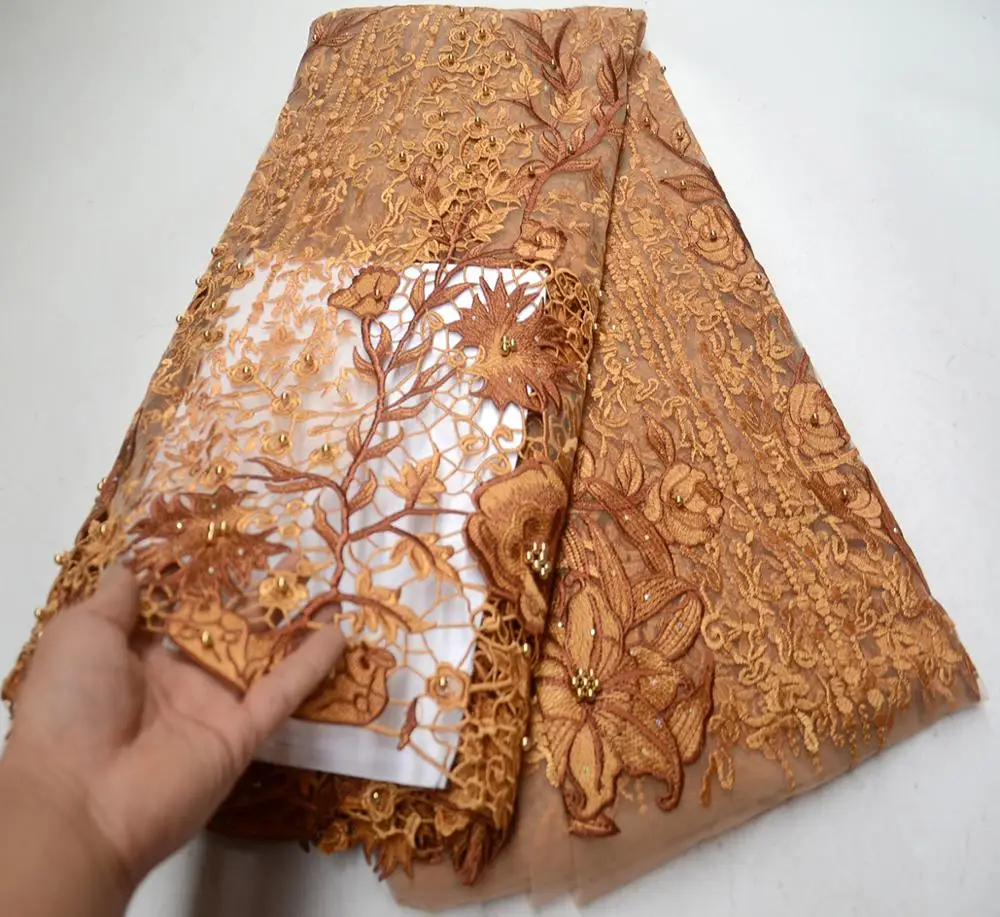 

New arrival Gold African french tulle lace fabrics Beads High Quality Embroidery Flower French Rhinestones Lace Fabric 5 yards
