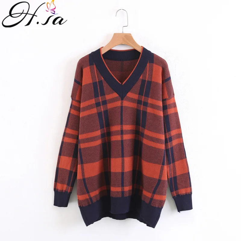 

HSA Women Long Sweater and Pullovers Winter Fashion Warm Plaid jumpers V neck Long Knit Dress Knee Length Pull Sweater Jumpers