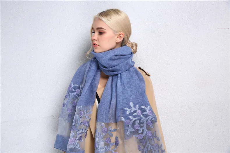 Sparsil весенний женский имитирующий шелковый длинный шарф модная вышивка органза обертывания поддельный шелковый шарф мусульманский платок 70 см X 200 см