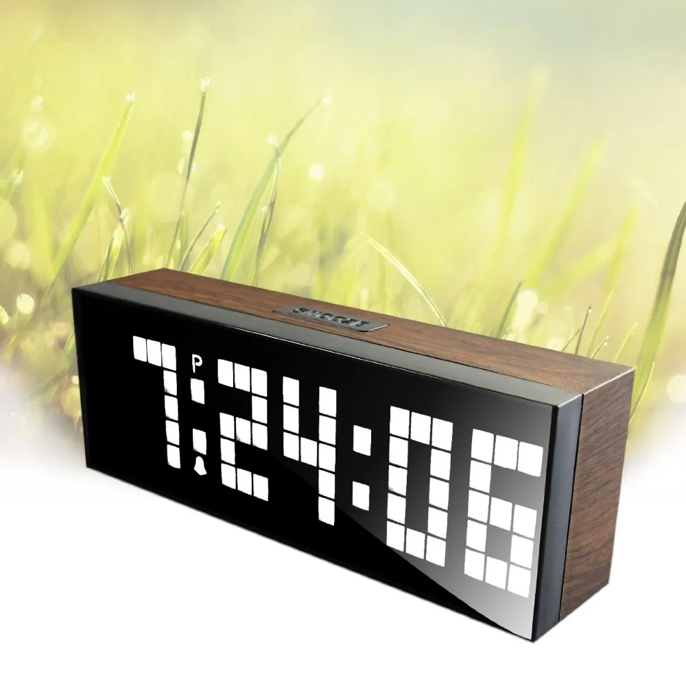 Led Wooden Clock Digital Wood Wall Watch Big Screen Dual Alarm Watch
