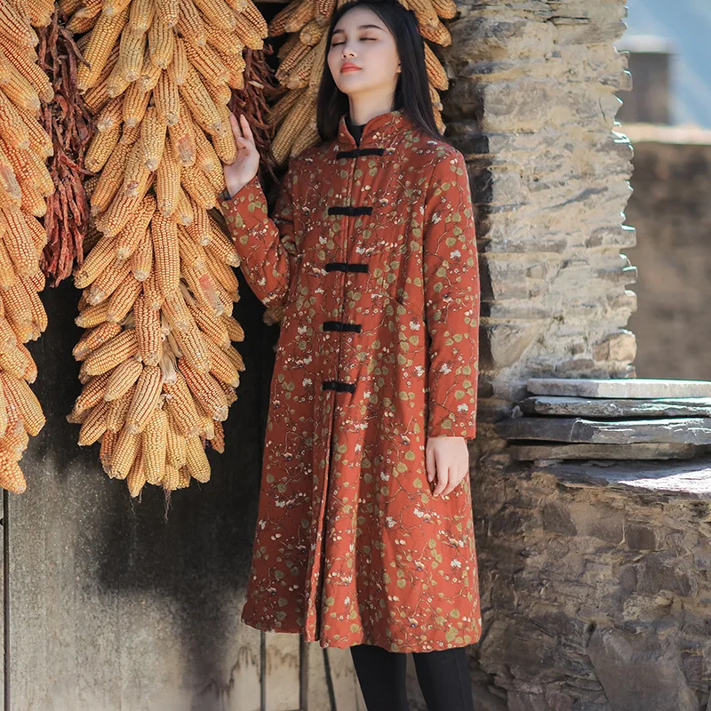 Women Winter Padded Coat Outwear Retro Vintage Printed Stand Collar