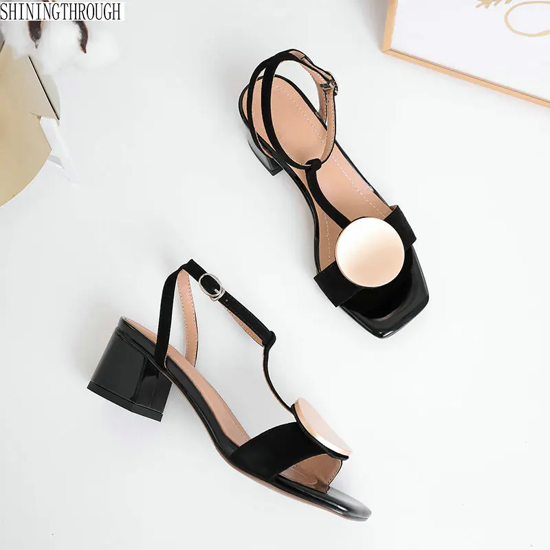 

Women Sandals suede Leather metal 2019 New Fashion Shoes Woman Rome Square Heeled Pumps large size 34-42