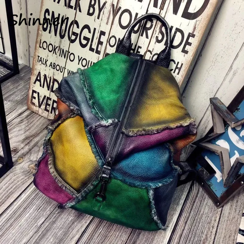 

Multicolor Patchwork Genuine Cowhide Leather Backpack Women High Quality Handmade Knapsack First Layer Leather Female Packsack