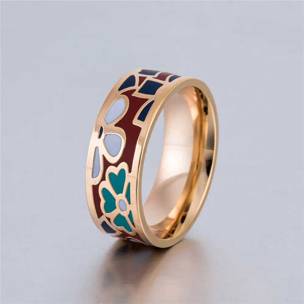 2017 Cute Clover Flower Enamel Rings for Sweet Girl Part Gift Stainless Steel Ring Ethnic font