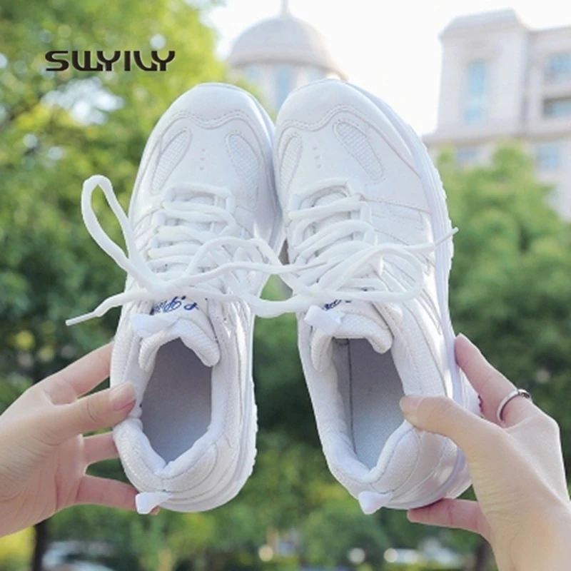 SWYIVY Women Sport Shoes Mesh Breathable Super Light Sneakers 2018 New Lace-up Platform Female Running Shoes Hard-wearing