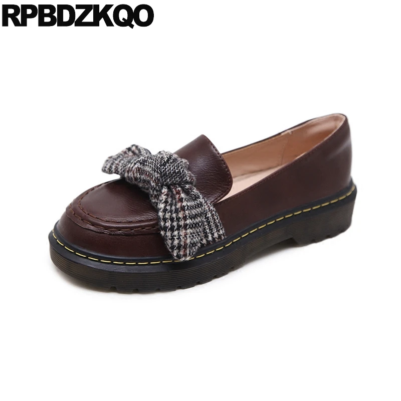 Brown Lolita Flats Thick Sole Slip On Kawaii Bow Loafers Japanese