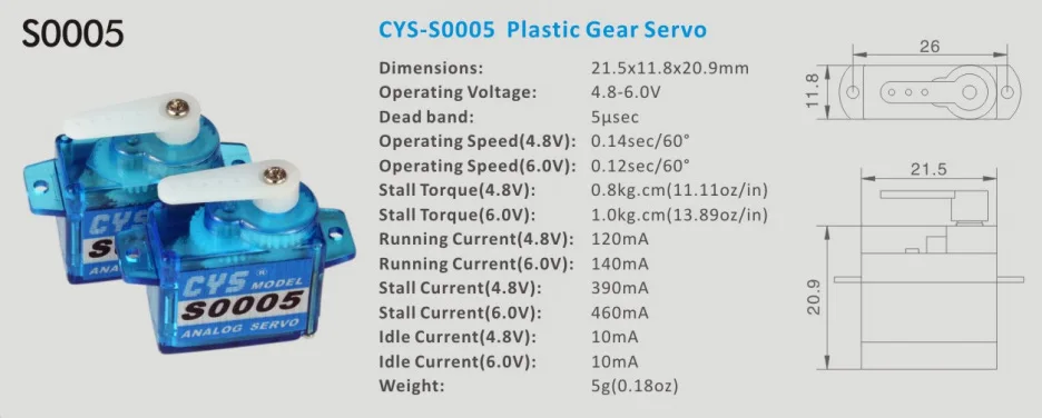 1 шт., CYS-S0005, 5g, светильник, вес пластика, 4,8 V-6,0 V, шестерня, микро аналоговый стандартный сервопривод для RC самолетов с фиксированным крылом