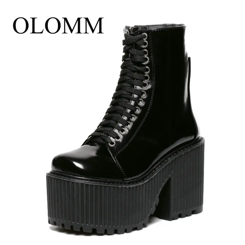 

OLOMM fashion ankle boots ladies platform shoes punk gothic rubber soles with black spring and autumn thick boots children LL-68