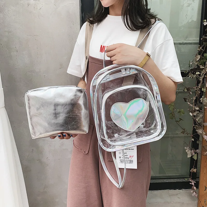

Women Laser Holography Backpack Colorful Transparent PVC Backpacks Set Love Pattern Beach Small Bag Casual Wild Bagpack Mochila