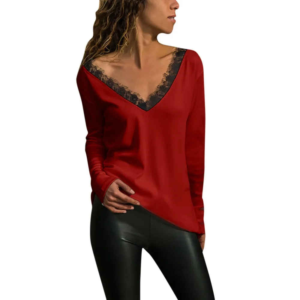 

V Neck long Sleeves lace Shirts spring Plus Size Casual Loose Women Blouse fashion Street Womens Tops Open back sexy Blouses