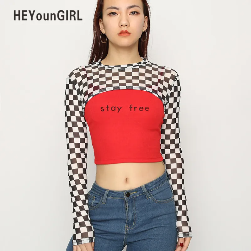 HEYounGIRL, прозрачные женские укороченные топы в клетку, блуза, сексуальная клетчатая футболка, уличная одежда с длинным рукавом, летние топы, футболки